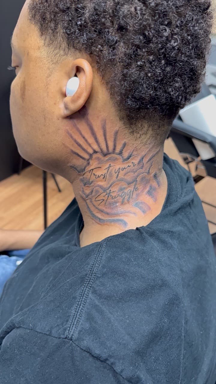 Script + Lettering sun tattoo on Neck (Side) by Speedytattoos on TattMe