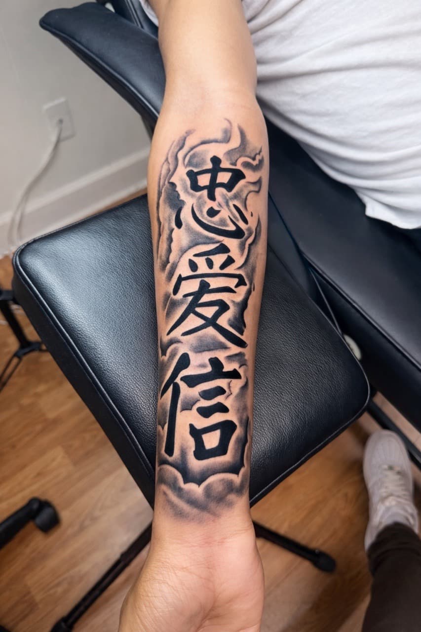 Lettering + Script kanji tattoo on Forearm by Speedytattoos on TattMe
