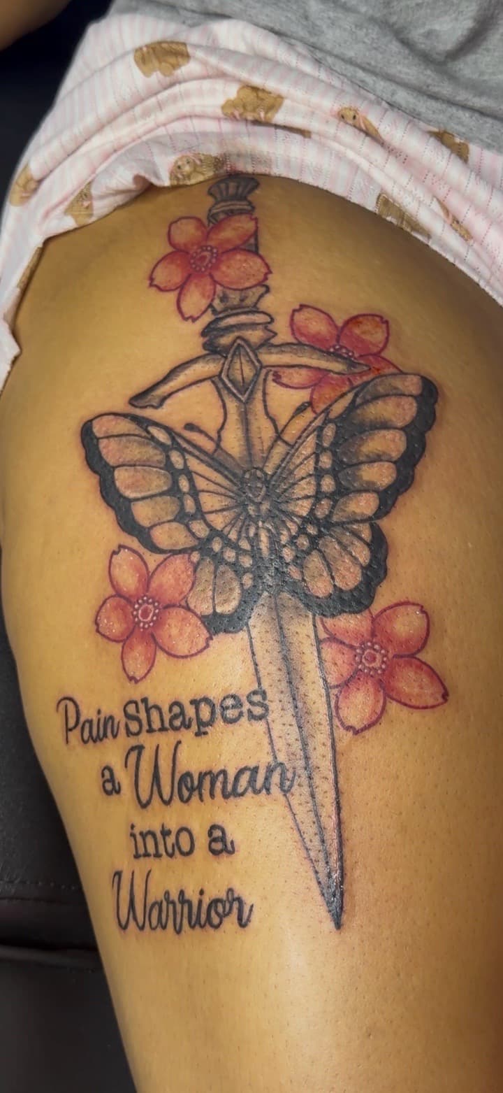 Black & Grey + Color dagger tattoo on Thigh by Speedytattoos on TattMe