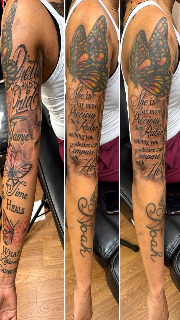 Lettering + Script butterflies tattoo on Full Sleeve by Speedytattoos on TattMe