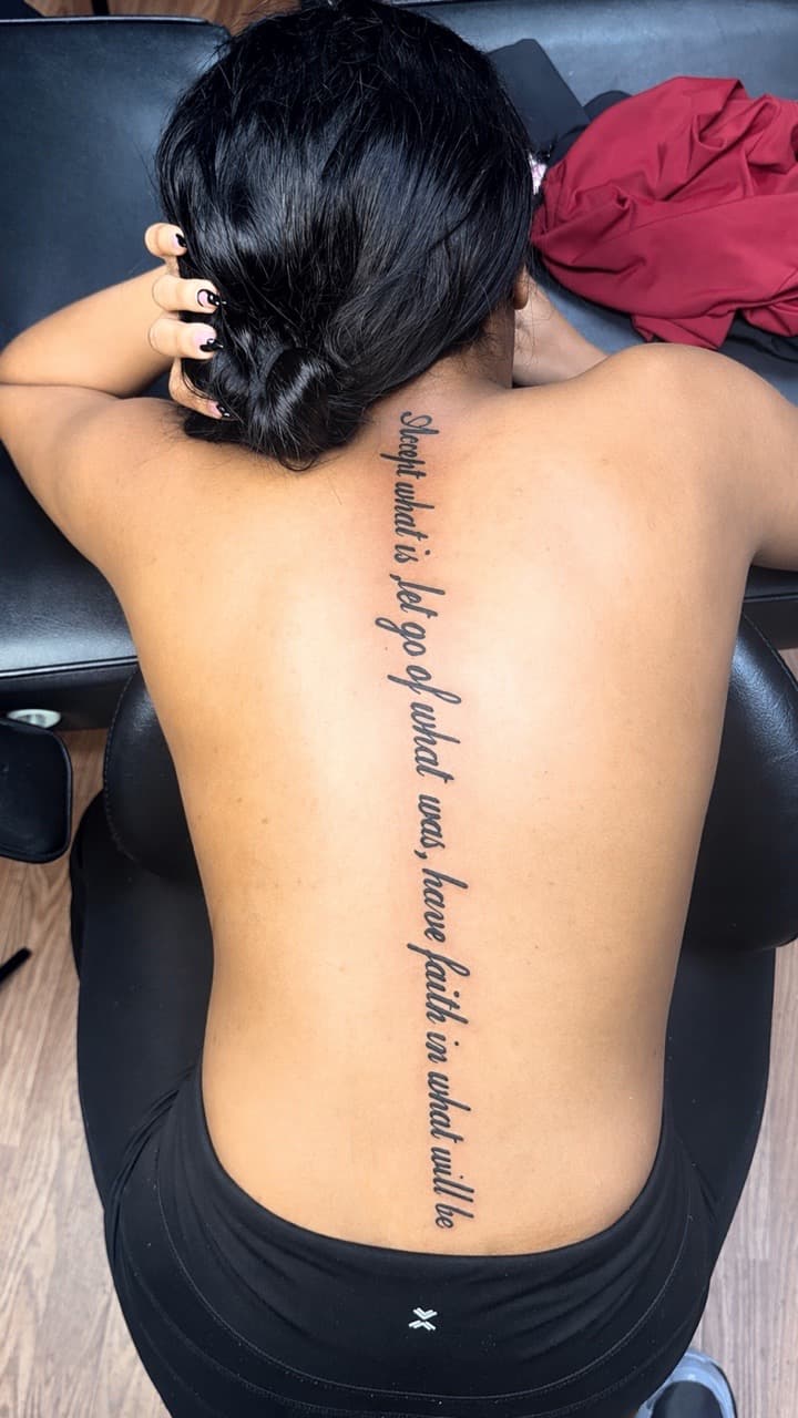 Lettering + Script quote tattoo on Spine by Speedytattoos on TattMe