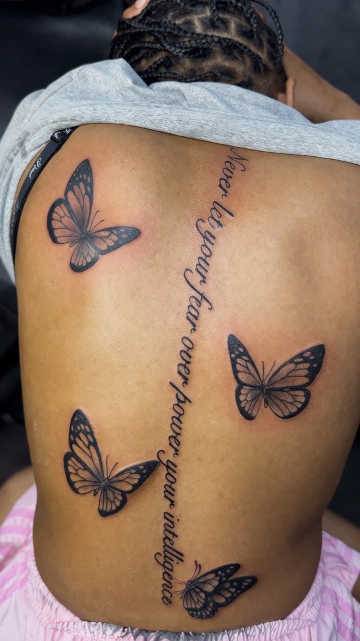 Black-work + Fine Line butterflies tattoo on Spine by Speedytattoos on TattMe