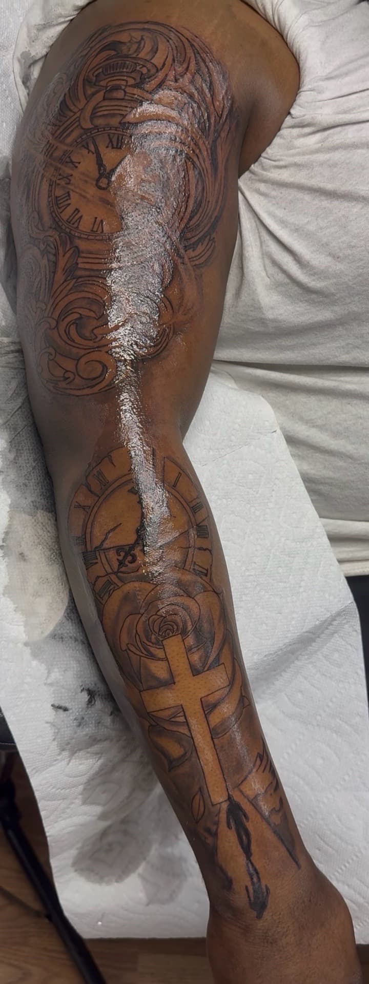 Black & Grey + Illustrative clocks tattoo on Full Sleeve by Speedytattoos on TattMe