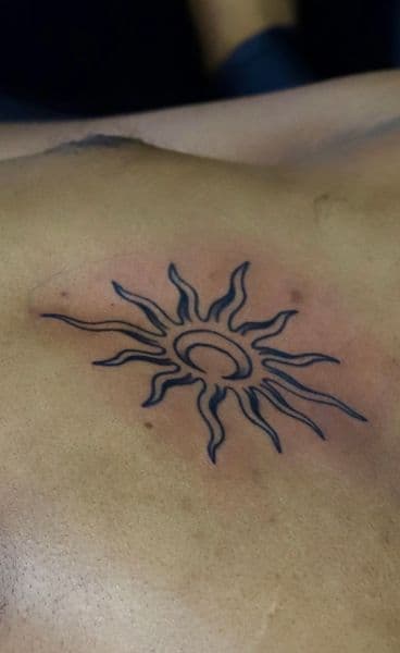 Black-work + Illustrative sun tattoo on Chest by NOBDYSUPPRTART on TattMe