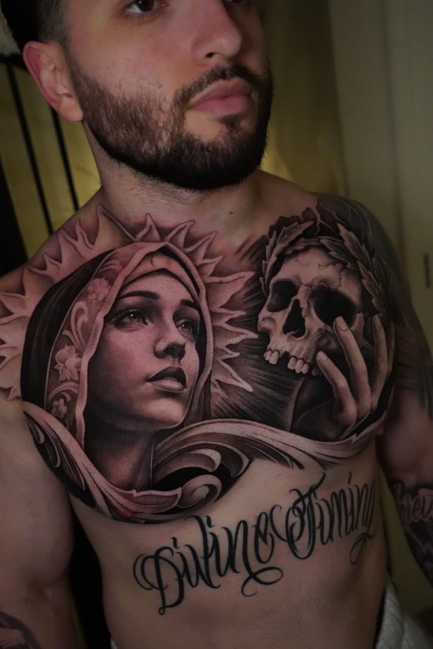 Black & Grey + Realism woman tattoo on Chest by 16thRich on TattMe