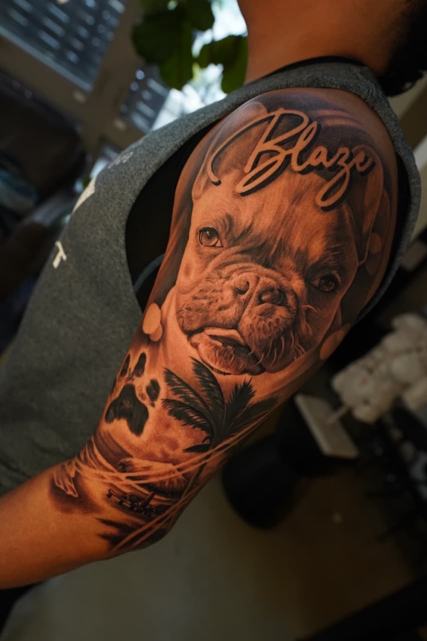 Black & Grey + Realism dog tattoo on Upper Arm by 16thRich on TattMe