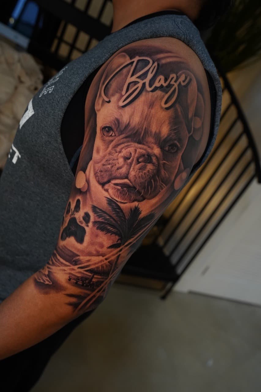 Realism + Black & Grey bulldog tattoo on Half Sleeve by 16thRich on TattMe