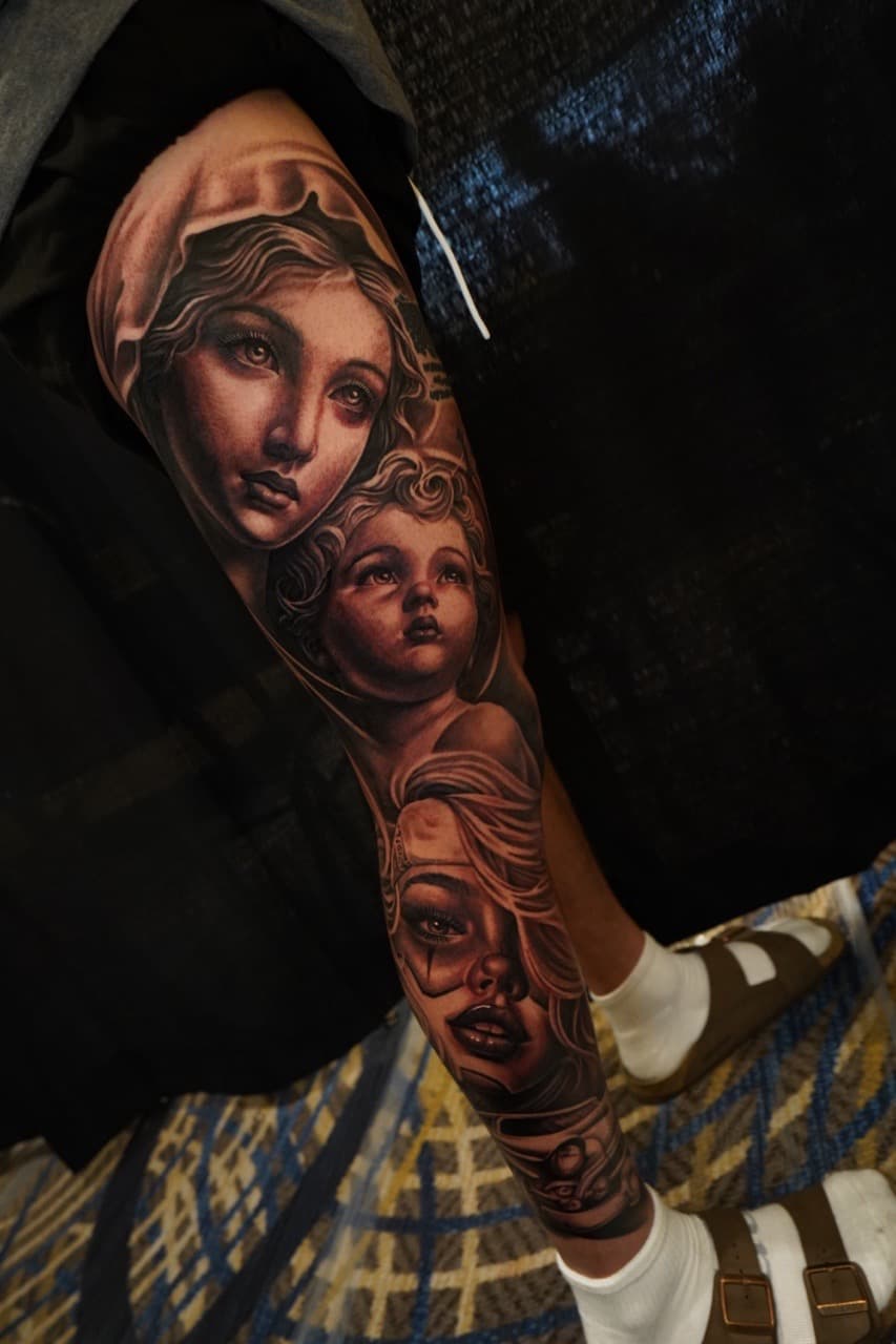Black & Grey + Realism woman tattoo on Full Leg Sleeve by 16thRich on TattMe