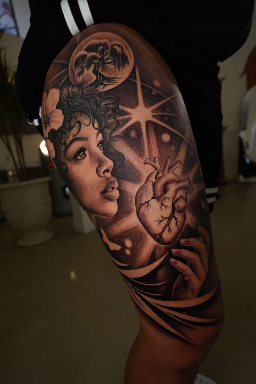 Black & Grey + Realism woman tattoo on Thigh by 16thRich on TattMe