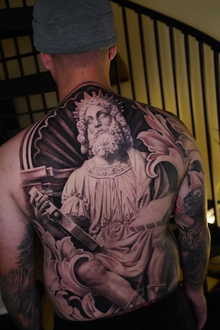 Black & Grey + Realism statue tattoo on Upper Back by 16thRich on TattMe