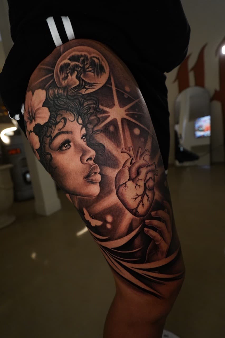 Black & Grey + Portrait Realism woman tattoo on Thigh by 16thRich on TattMe