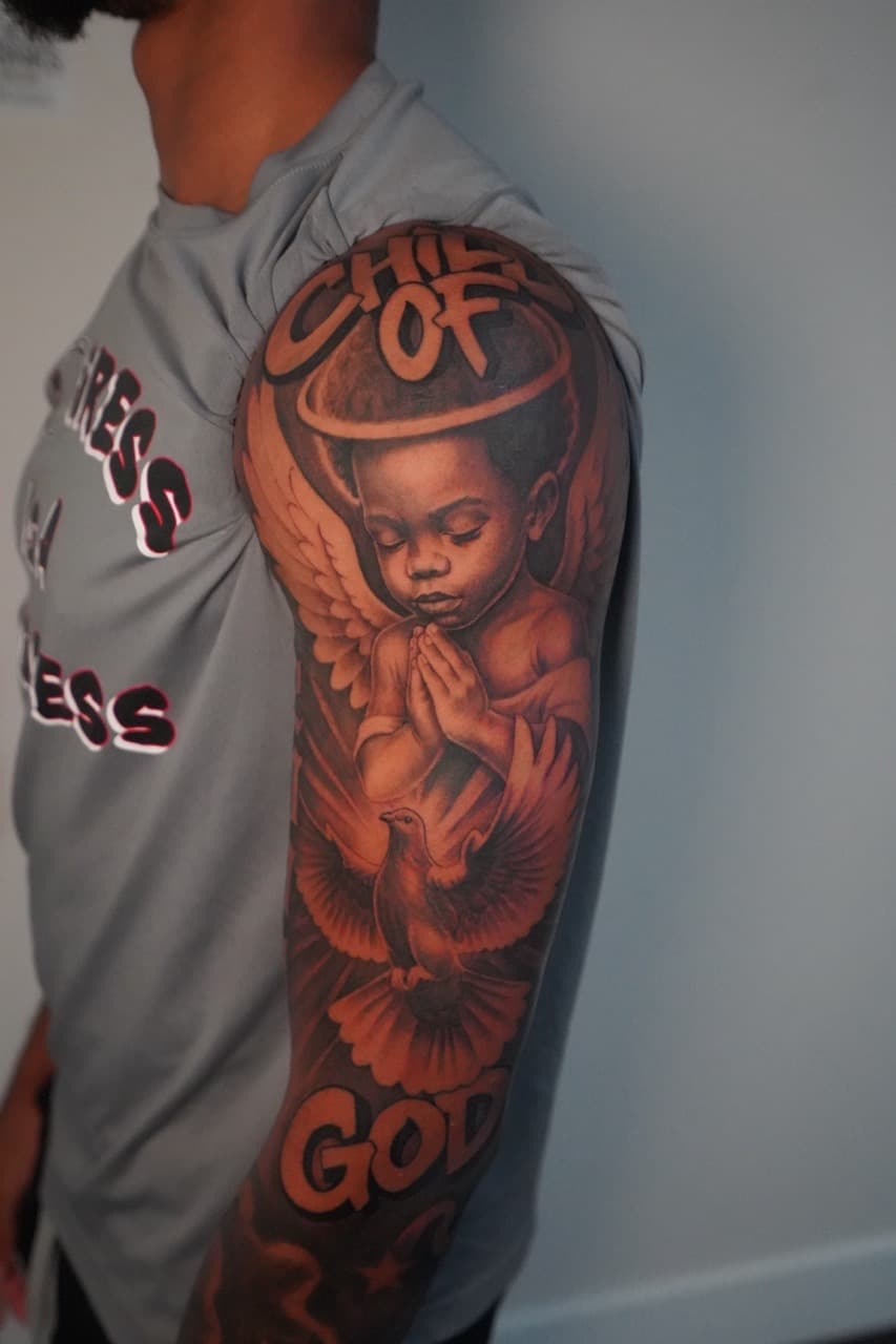 Black & Grey + Realism child tattoo on Half Sleeve by 16thRich on TattMe