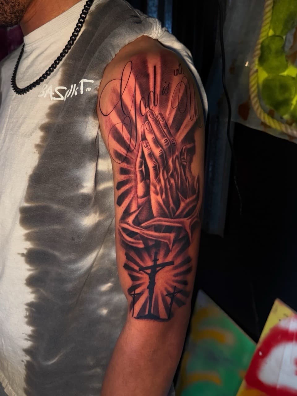 Black & Grey + Realism praying hands tattoo on Half Sleeve by Inkheadz on TattMe