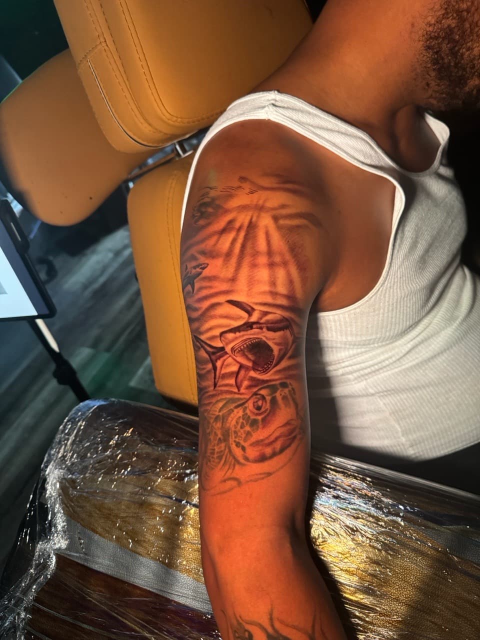 Black & Grey + Realism shark tattoo on Upper Arm by Inkheadz on TattMe