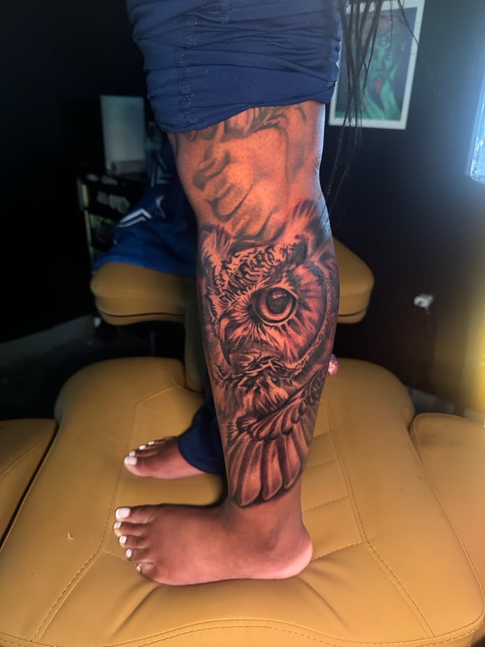 Realism + Black & Grey owl tattoo on Calf by Inkheadz on TattMe
