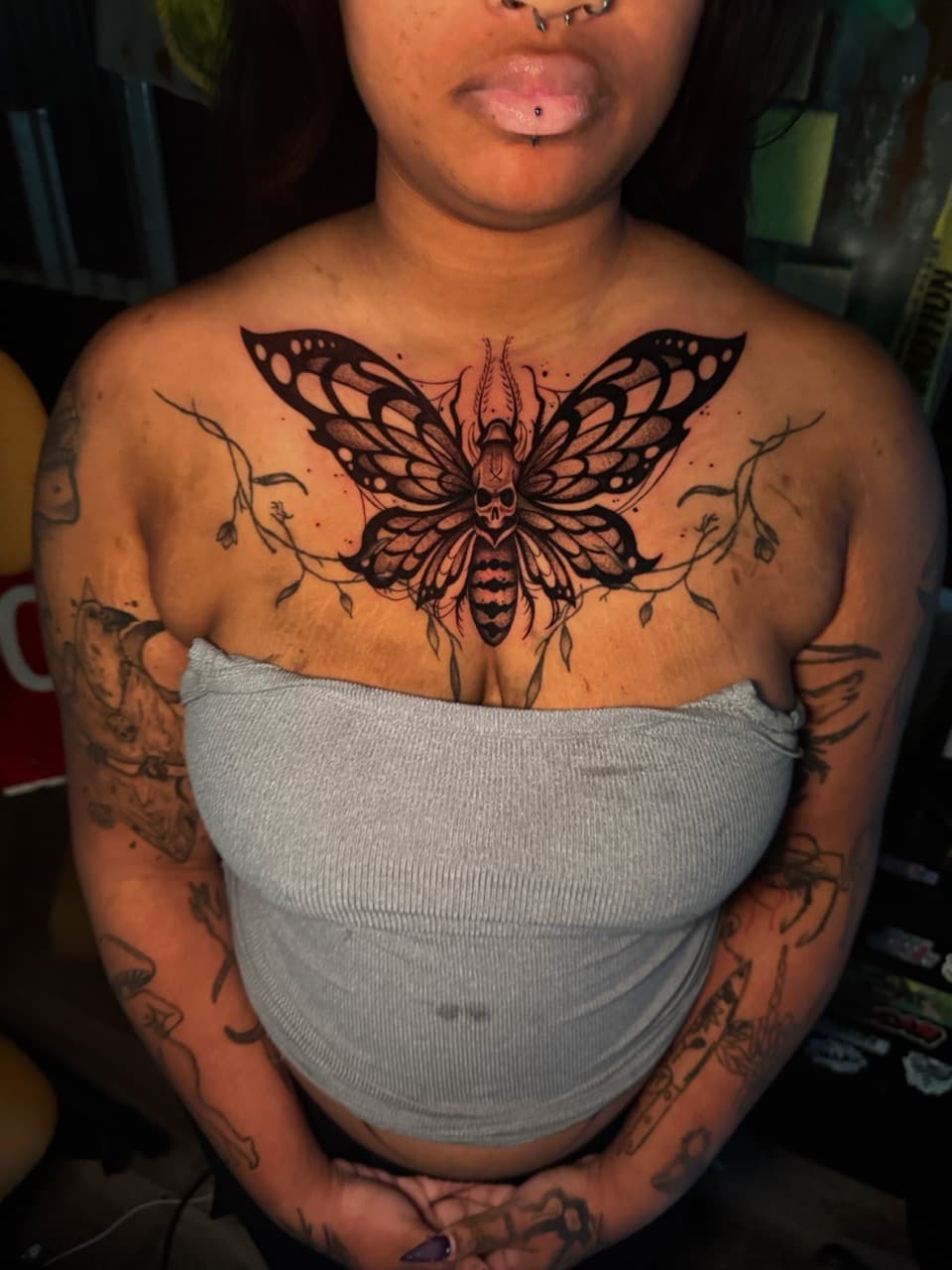 Black-work + Illustrative moth tattoo on Sternum by Inkheadz on TattMe