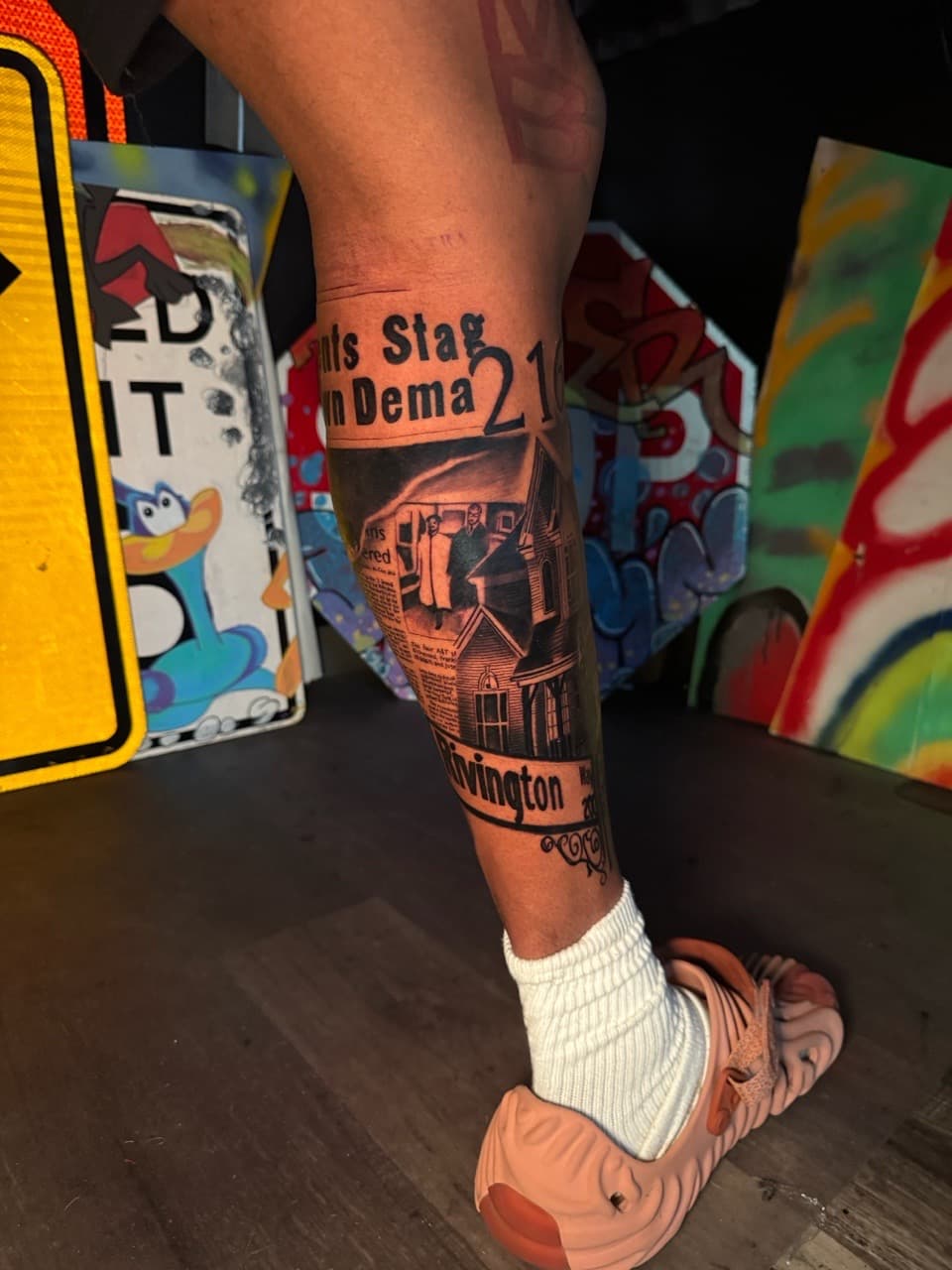 Black & Grey + Illustrative building tattoo on Calf by Inkheadz on TattMe