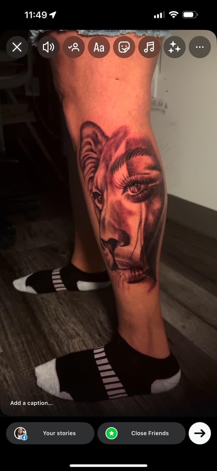 Black & Grey + Realism lion tattoo on Calf by Inkheadz on TattMe
