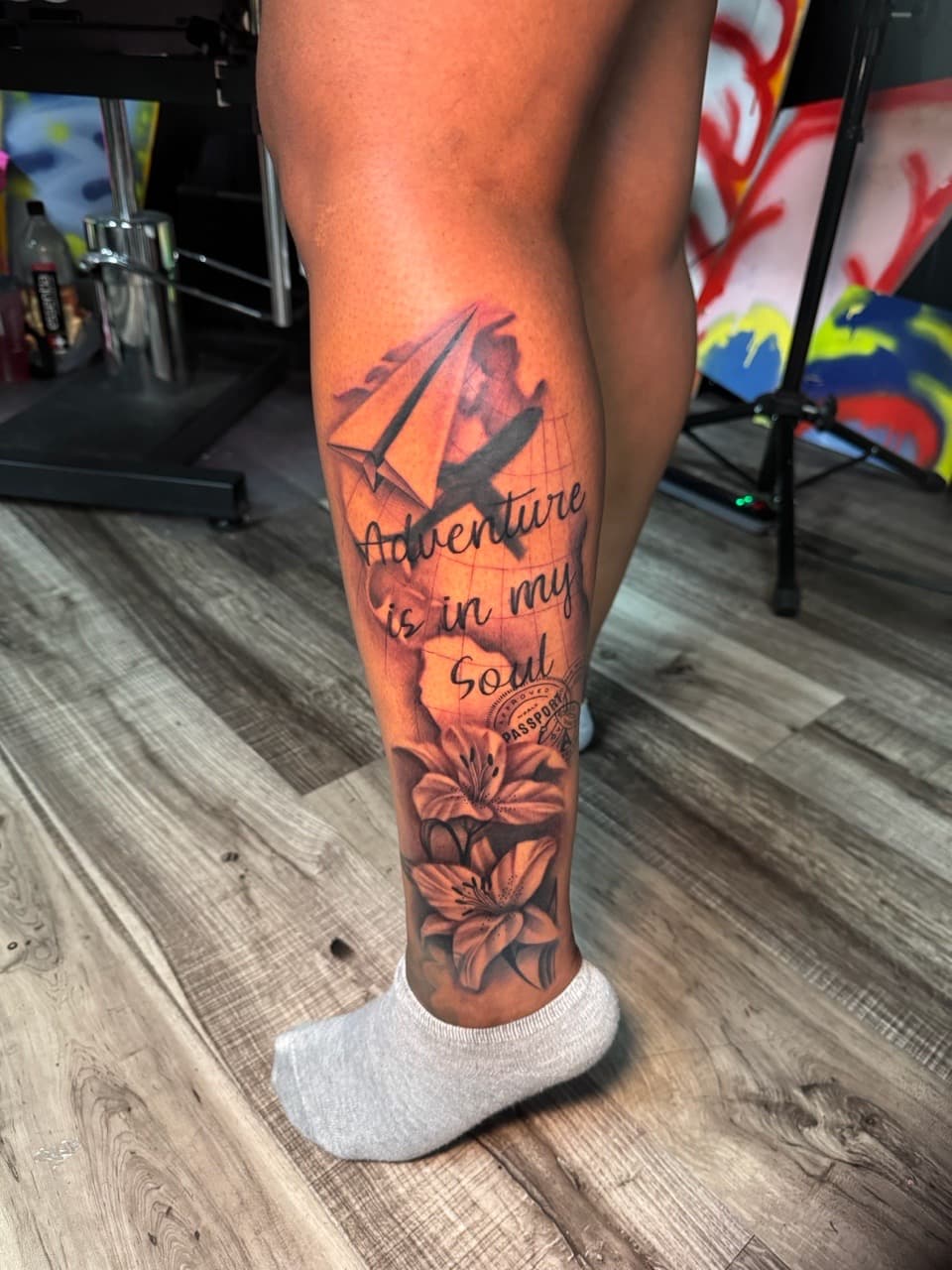 Black & Grey + Illustrative airplane tattoo on Calf by Inkheadz on TattMe