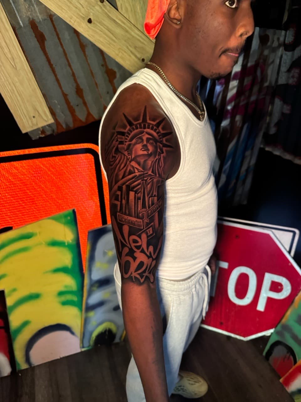 Black & Grey + Realism statue of liberty tattoo on Half Sleeve by Inkheadz on TattMe