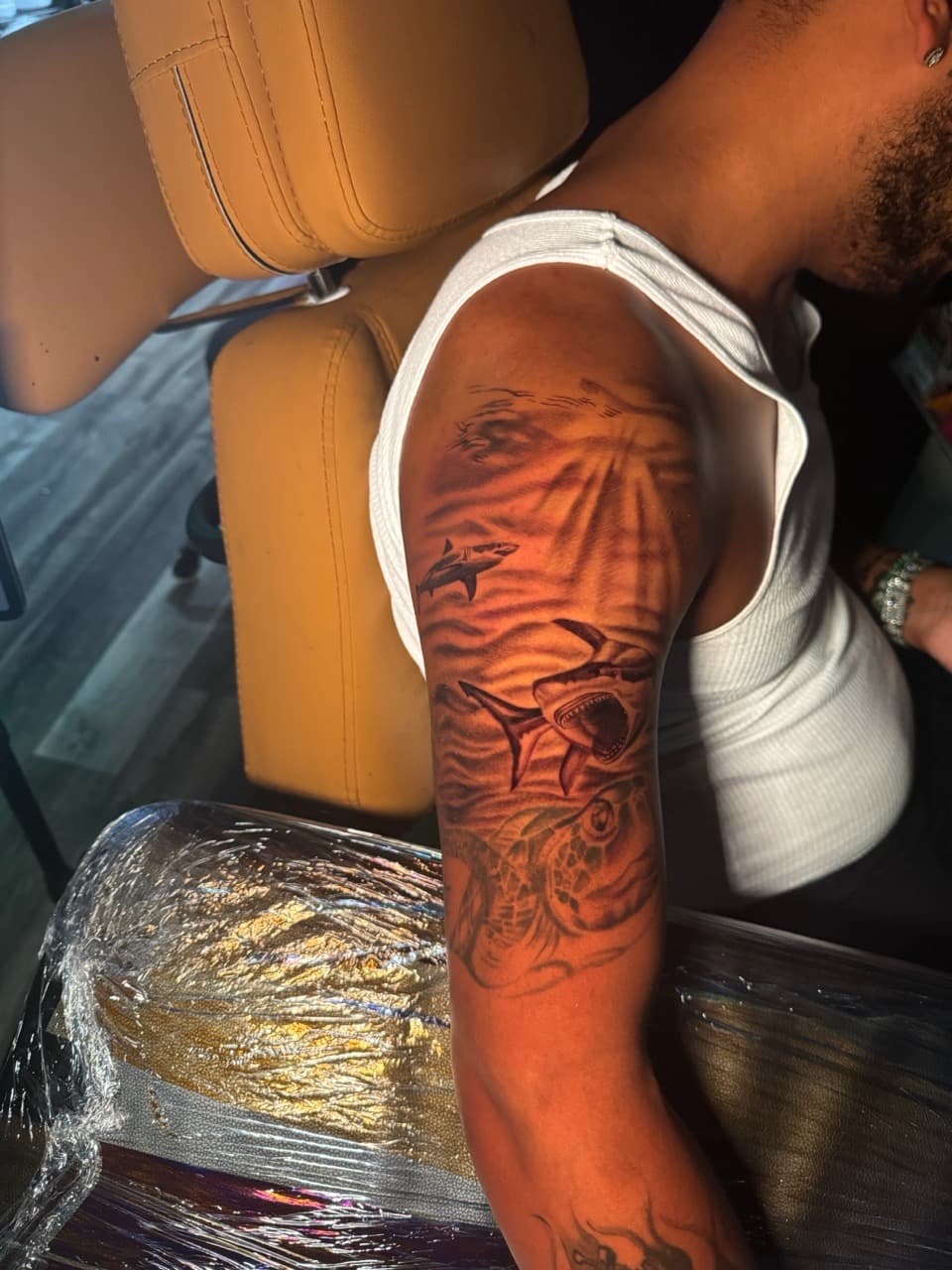 Black & Grey + Realism sharks tattoo on Half Sleeve by Inkheadz on TattMe