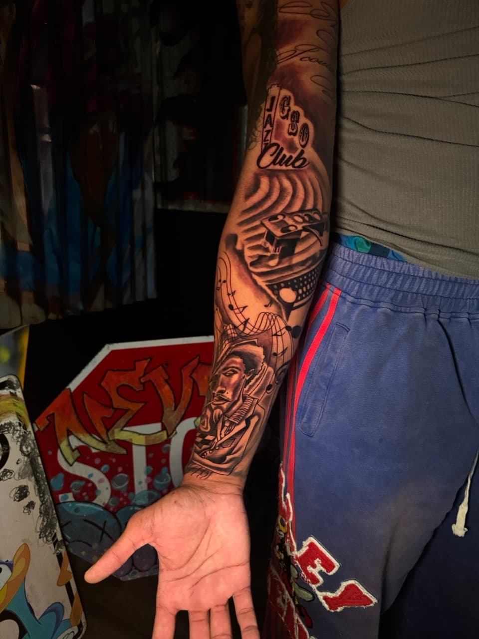 Black & Grey + Illustrative jazz tattoo on Full Sleeve by Inkheadz on TattMe