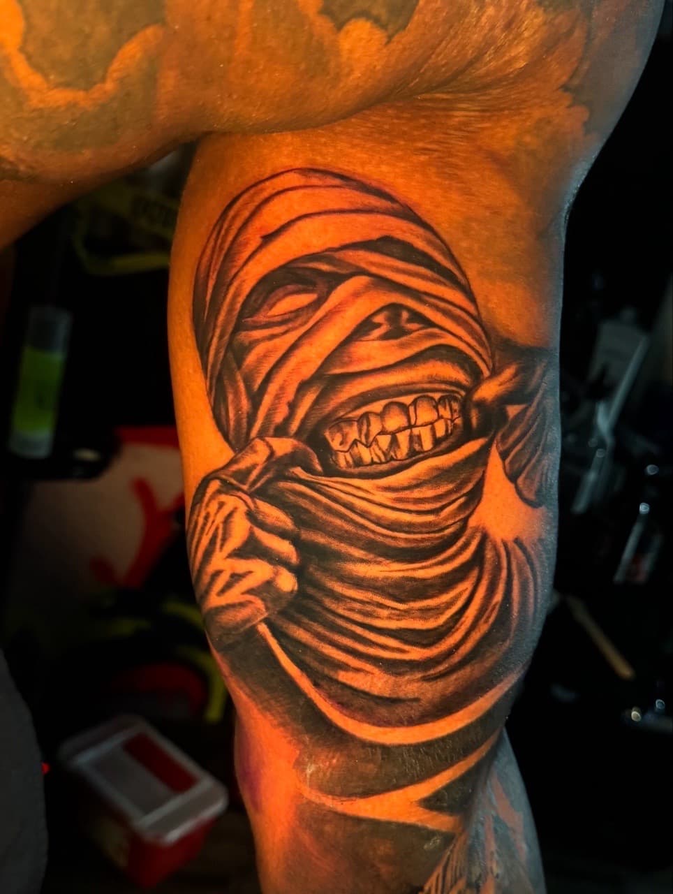 Black & Grey + Realism mummy tattoo on Upper Arm by Inkheadz on TattMe