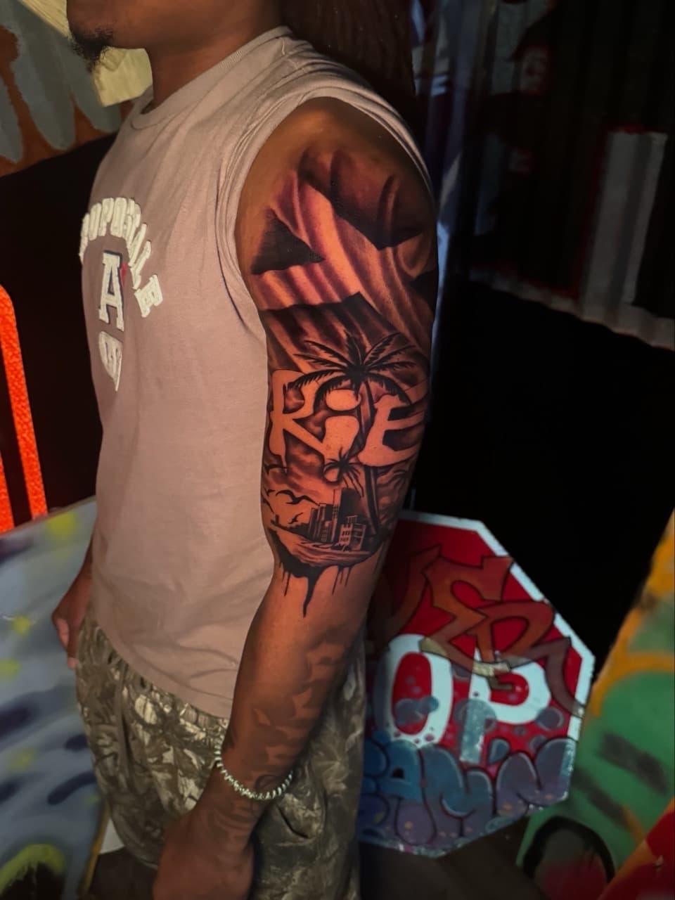 Black & Grey + Illustrative palm trees tattoo on Half Sleeve by Inkheadz on TattMe
