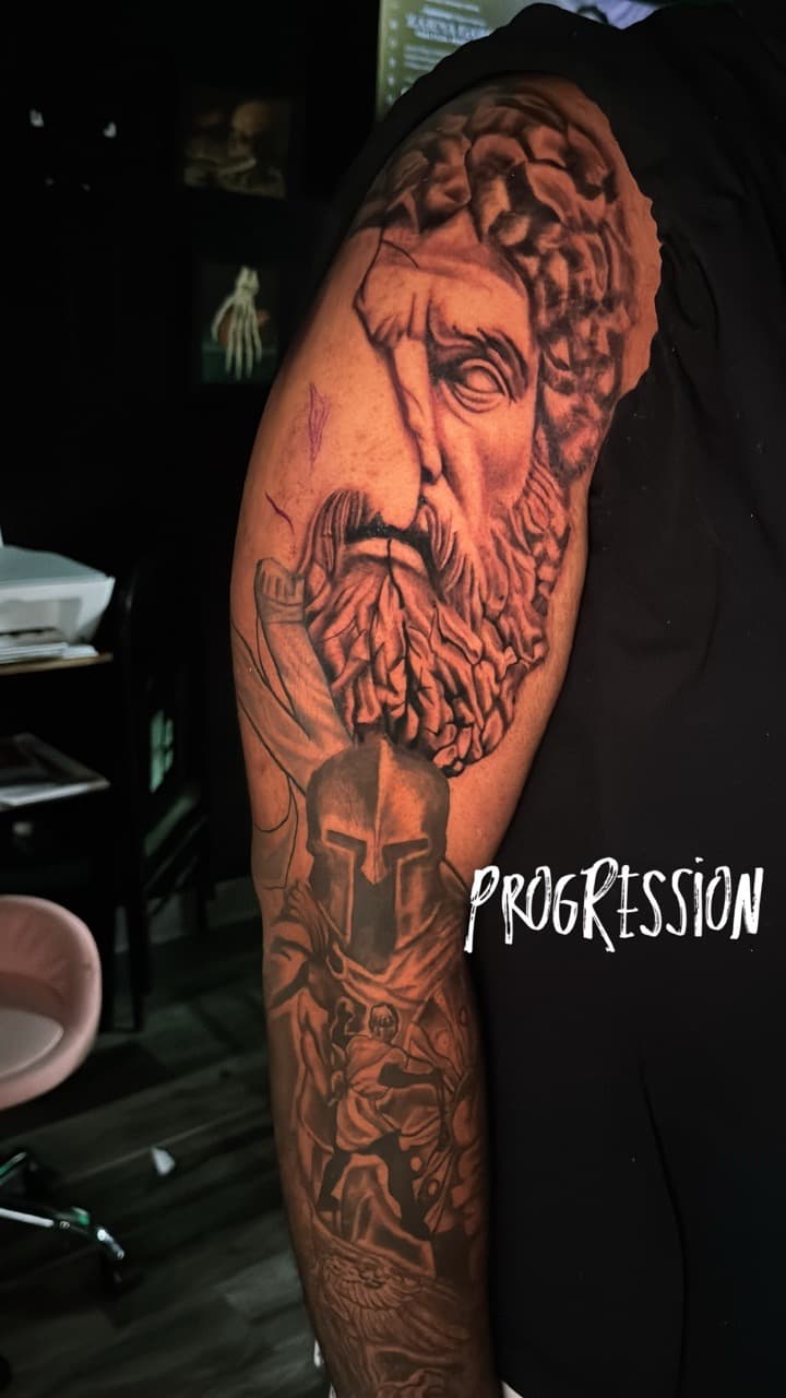 Black & Grey + Realism statue tattoo on Full Sleeve by Inkheadz on TattMe