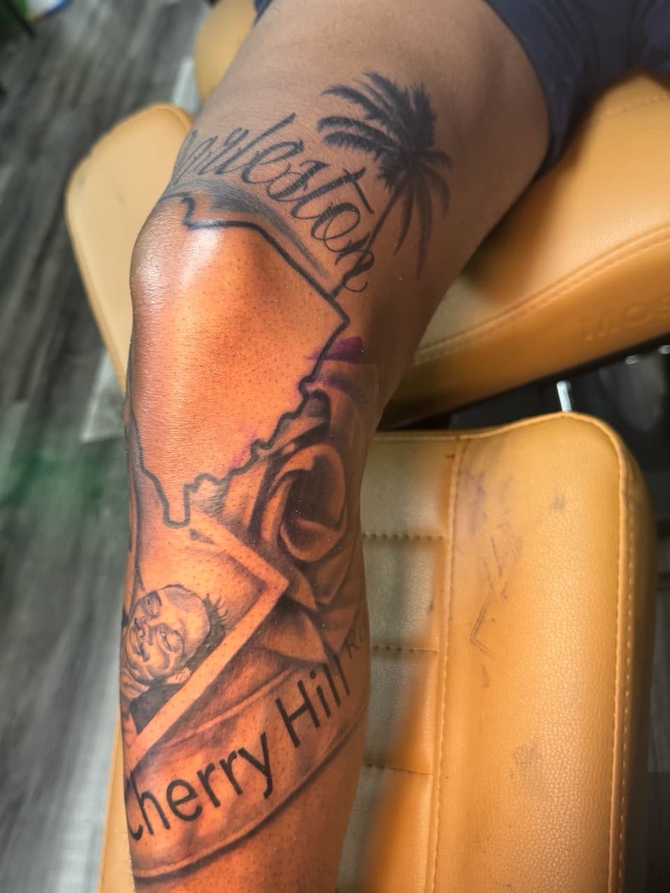 Black & Grey + Lettering palm tree tattoo on Knee by Inkheadz on TattMe