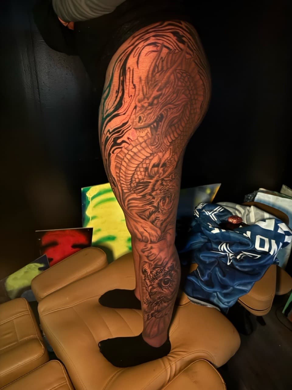 Black & Grey + Japanese dragon tattoo on Full Leg Sleeve by Inkheadz on TattMe