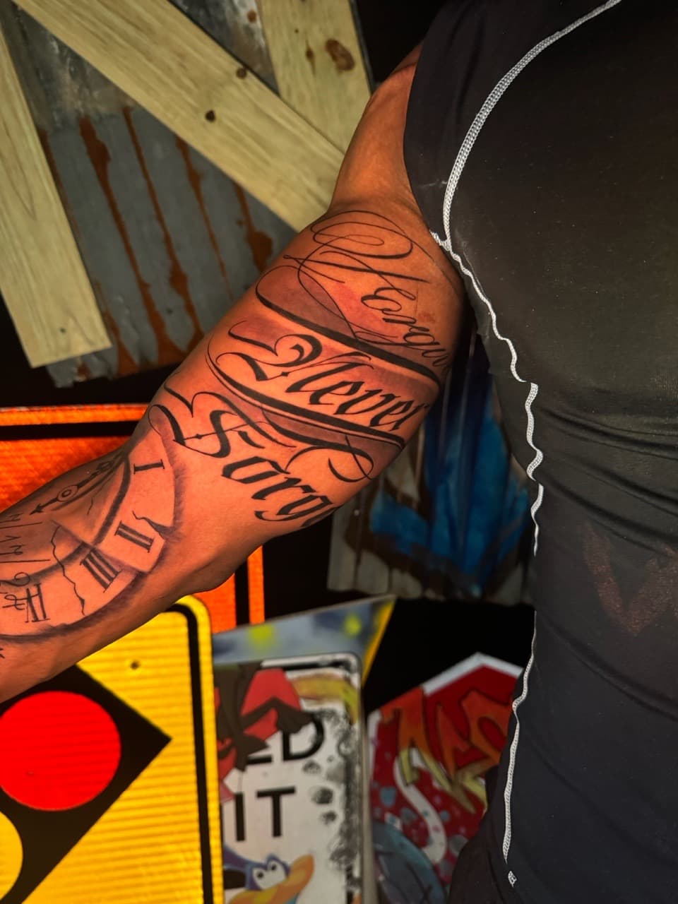 Lettering + Script clock tattoo on Full Sleeve by Inkheadz on TattMe