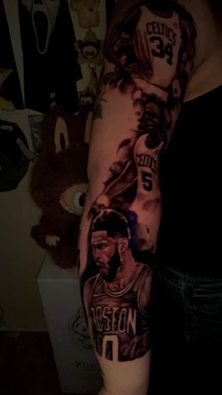 Black & Grey + Realism basketball players tattoo on Full Sleeve by LEGENDARY_HANDZ on TattMe