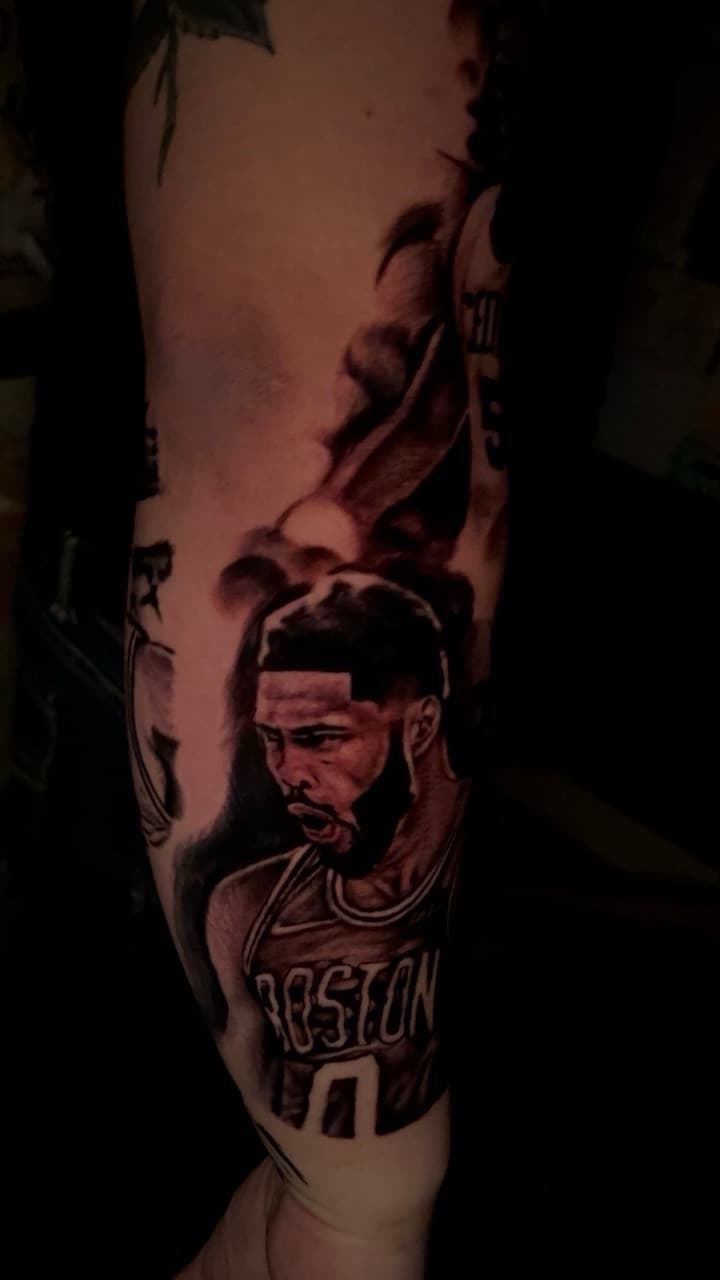 Realism + Black & Grey basketball player tattoo on Upper Arm by LEGENDARY_HANDZ on TattMe