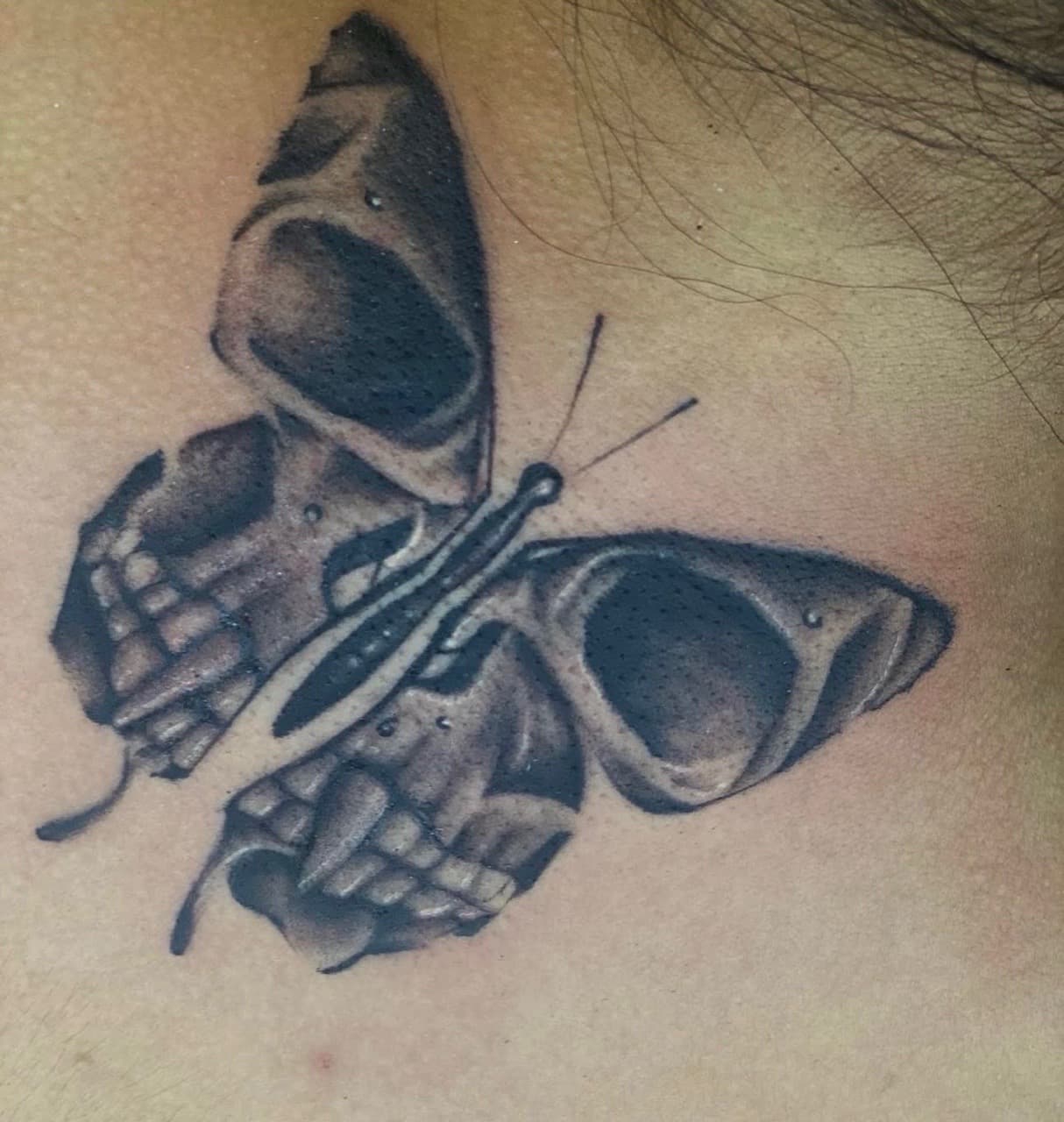 Black & Grey + Illustrative butterfly tattoo on Shoulder Blade by LEGENDARY_HANDZ on TattMe