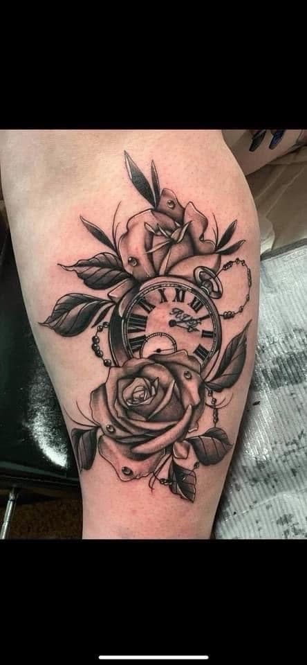 Black & Grey + Floral pocket watch tattoo on Thigh by LEGENDARY_HANDZ on TattMe