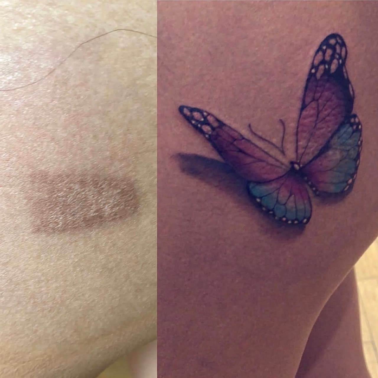 Color + Illustrative butterfly tattoo on Thigh by LEGENDARY_HANDZ on TattMe