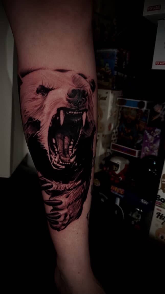 Black & Grey + Realism bear tattoo on Calf by LEGENDARY_HANDZ on TattMe