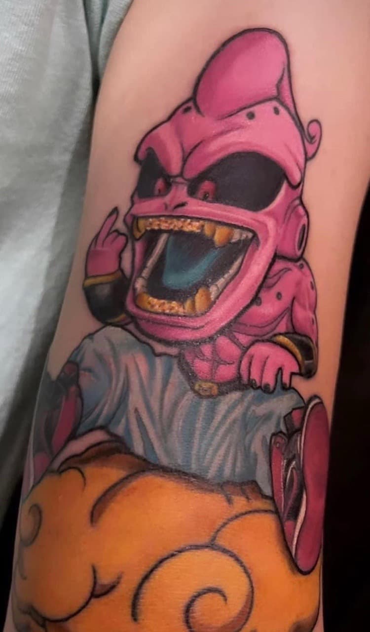 Anime + New School buu tattoo on Upper Arm by LEGENDARY_HANDZ on TattMe