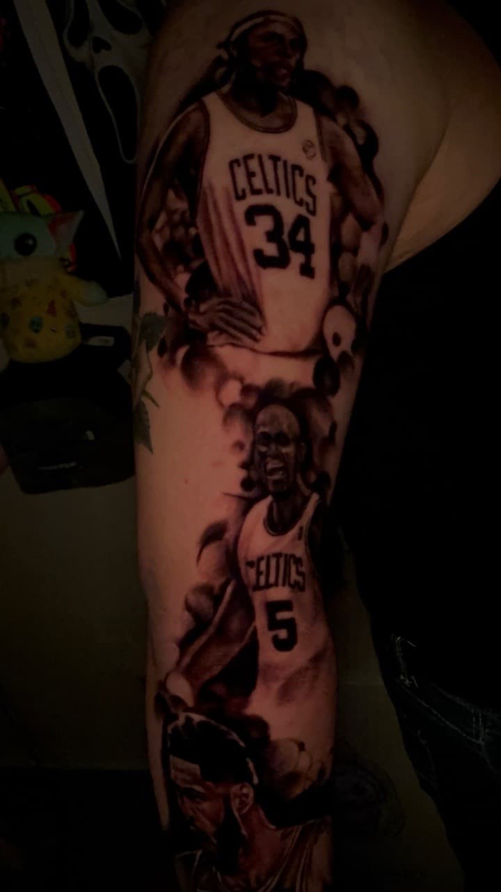 Black & Grey + Realism basketball players tattoo on Upper Arm by LEGENDARY_HANDZ on TattMe