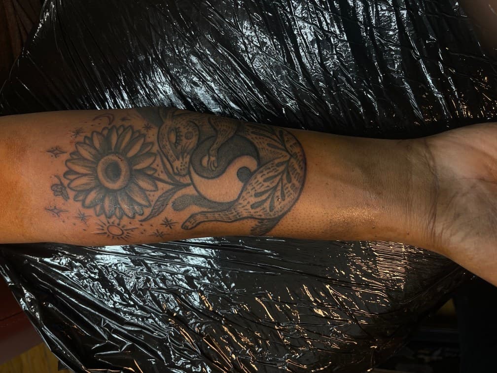 Black & Grey + Illustrative sunflower tattoo on Forearm by Chris on TattMe