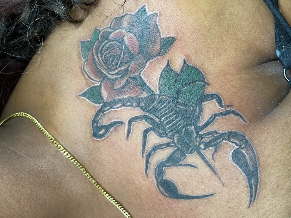 Neo-Traditional + Black & Grey scorpion tattoo on Chest by Chris on TattMe