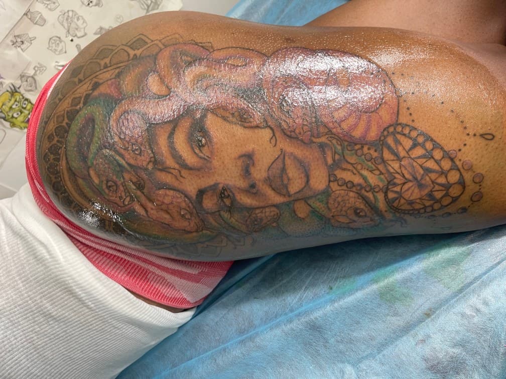 Portrait + Color woman tattoo on Thigh by Chris on TattMe