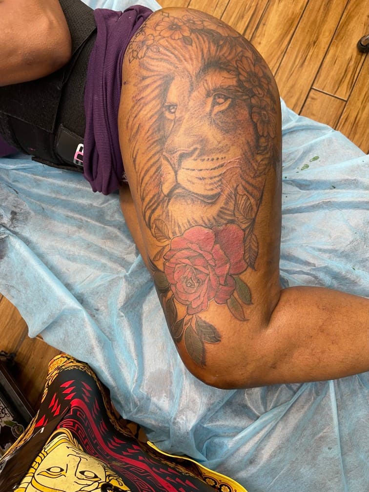 Realism + Black & Grey lion tattoo on Thigh by Chris on TattMe