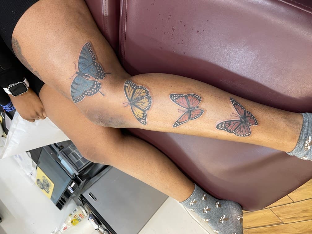 Color + Illustrative butterflies tattoo on Calf by Chris on TattMe