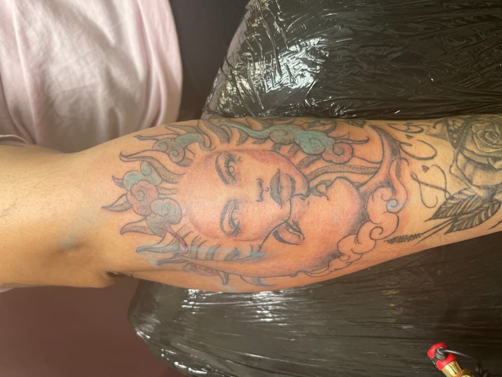 Illustrative + Fine Line sun tattoo on Forearm by Chris on TattMe