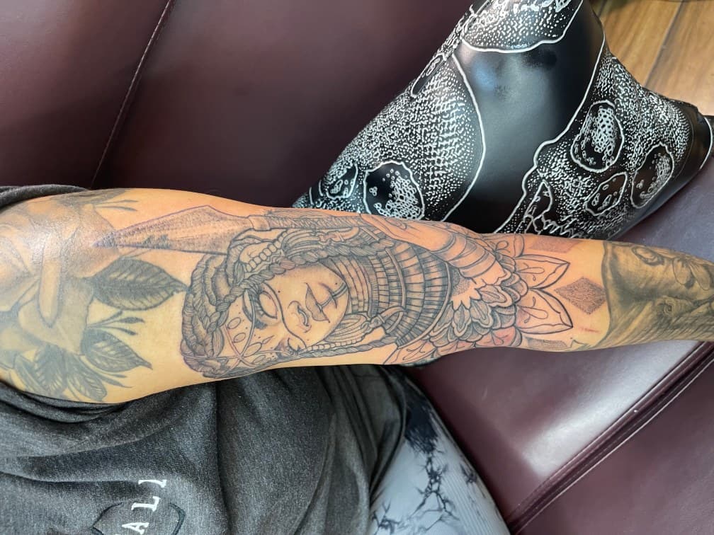 Black & Grey + Illustrative woman tattoo on Half Sleeve by Chris on TattMe