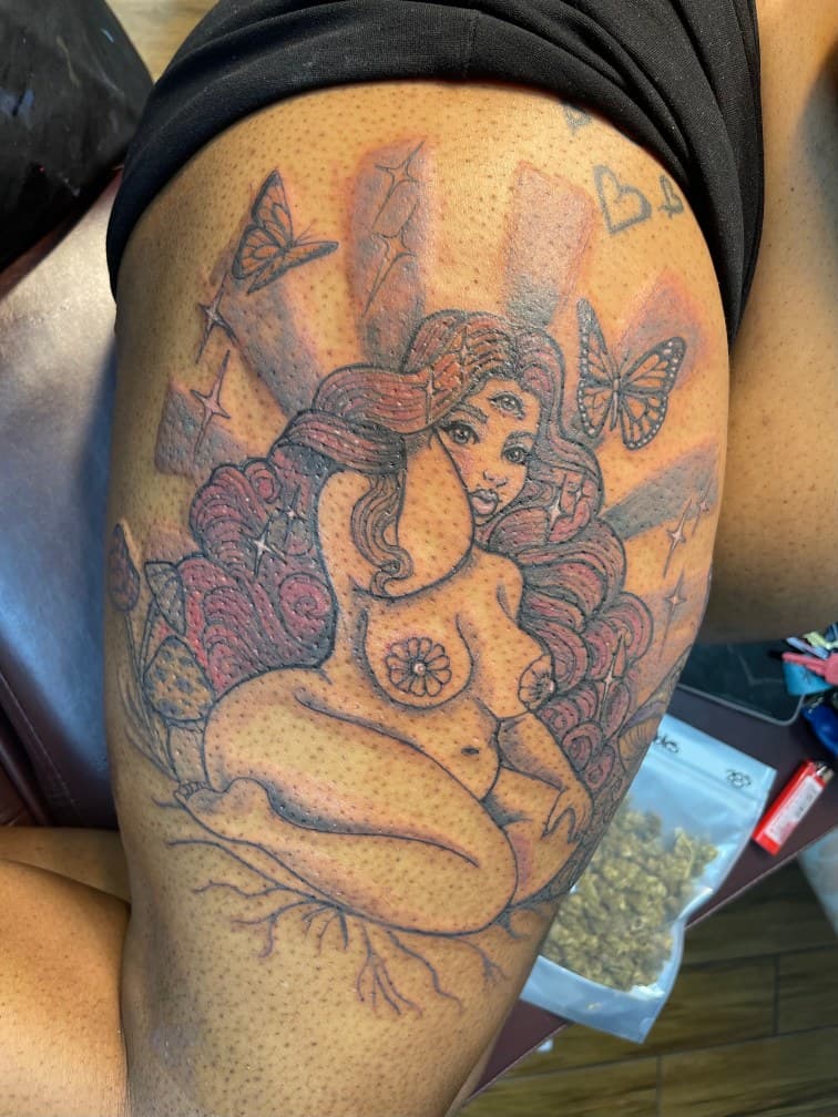 Illustrative + Neo-Traditional woman tattoo on Thigh by Chris on TattMe