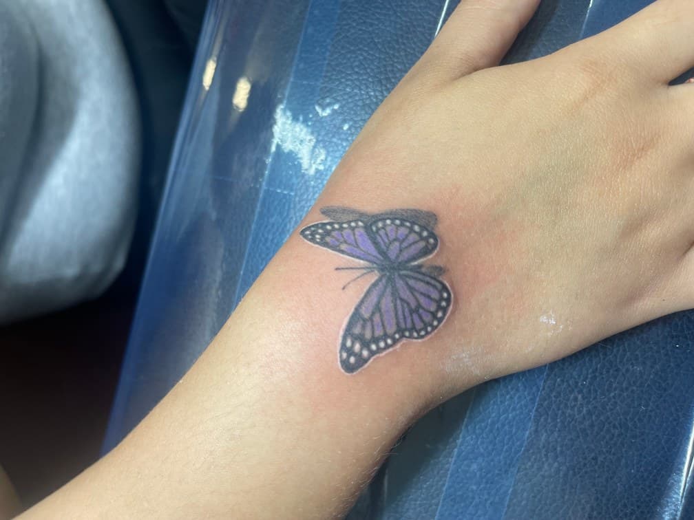Fine Line + Color butterfly tattoo on Wrist by Chris on TattMe