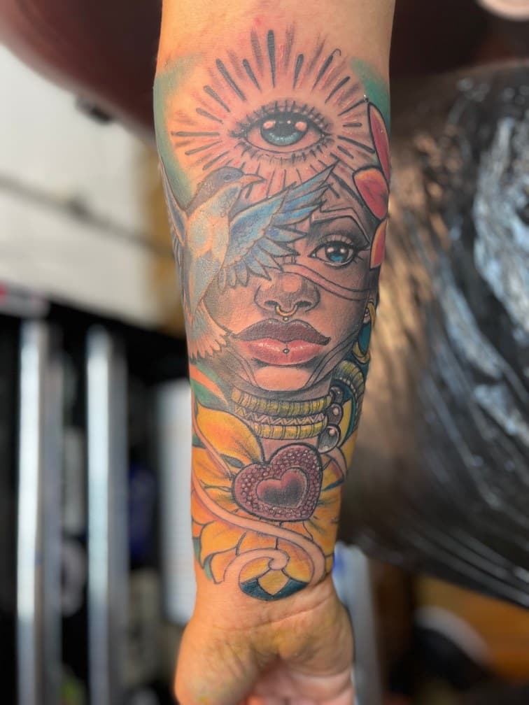 Color + Illustrative woman tattoo on Forearm by Chris on TattMe